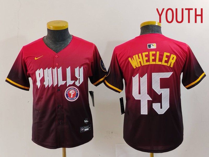 Youth Philadelphia Phillies #45 Wheeler Red City Edition 2024 Nike MLB Jersey style 5->youth mlb jersey->Youth Jersey